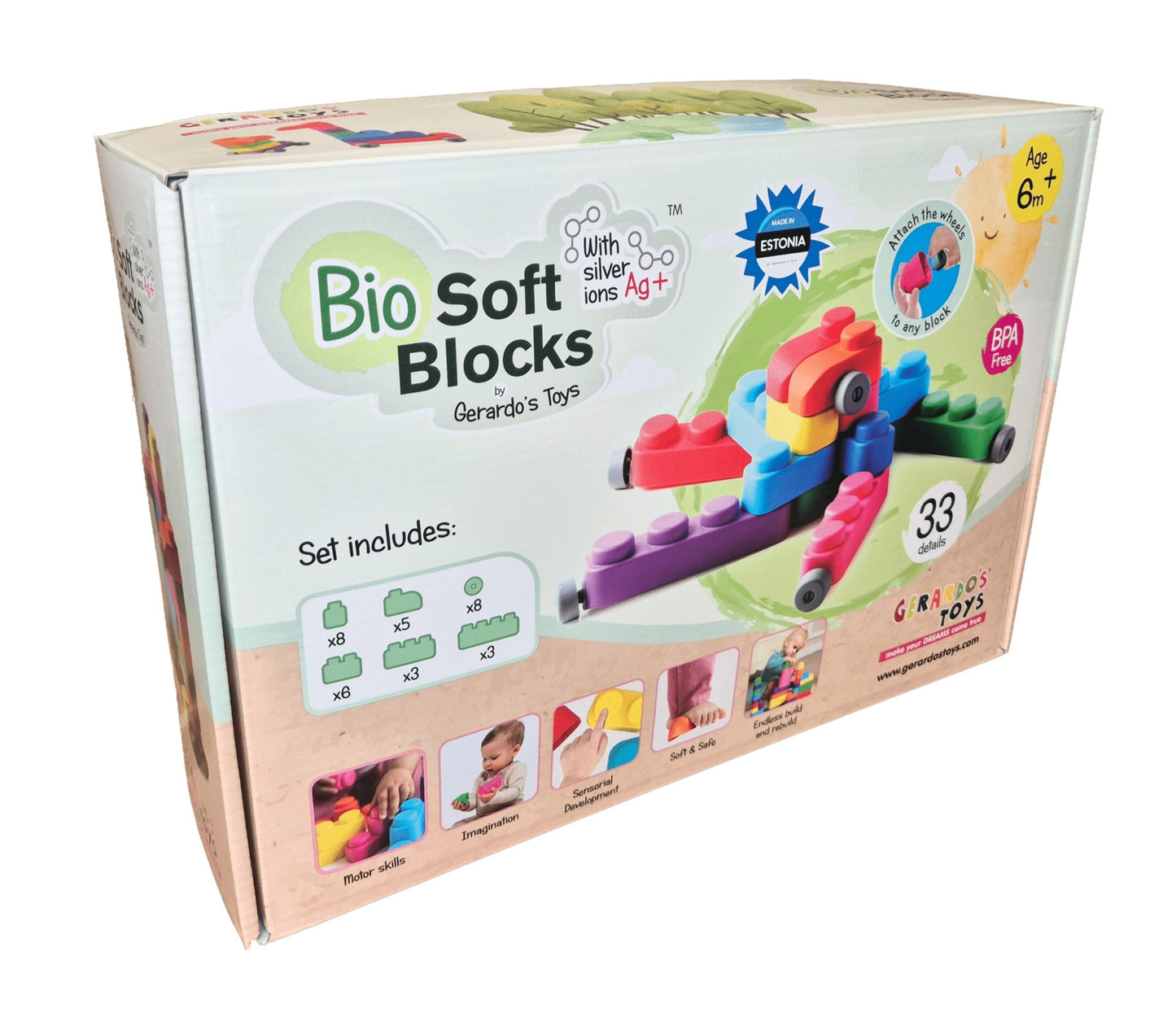 Bio Soft Blocks 33 delar med hjul för barn från 6 månader från Gerardo’s Toys